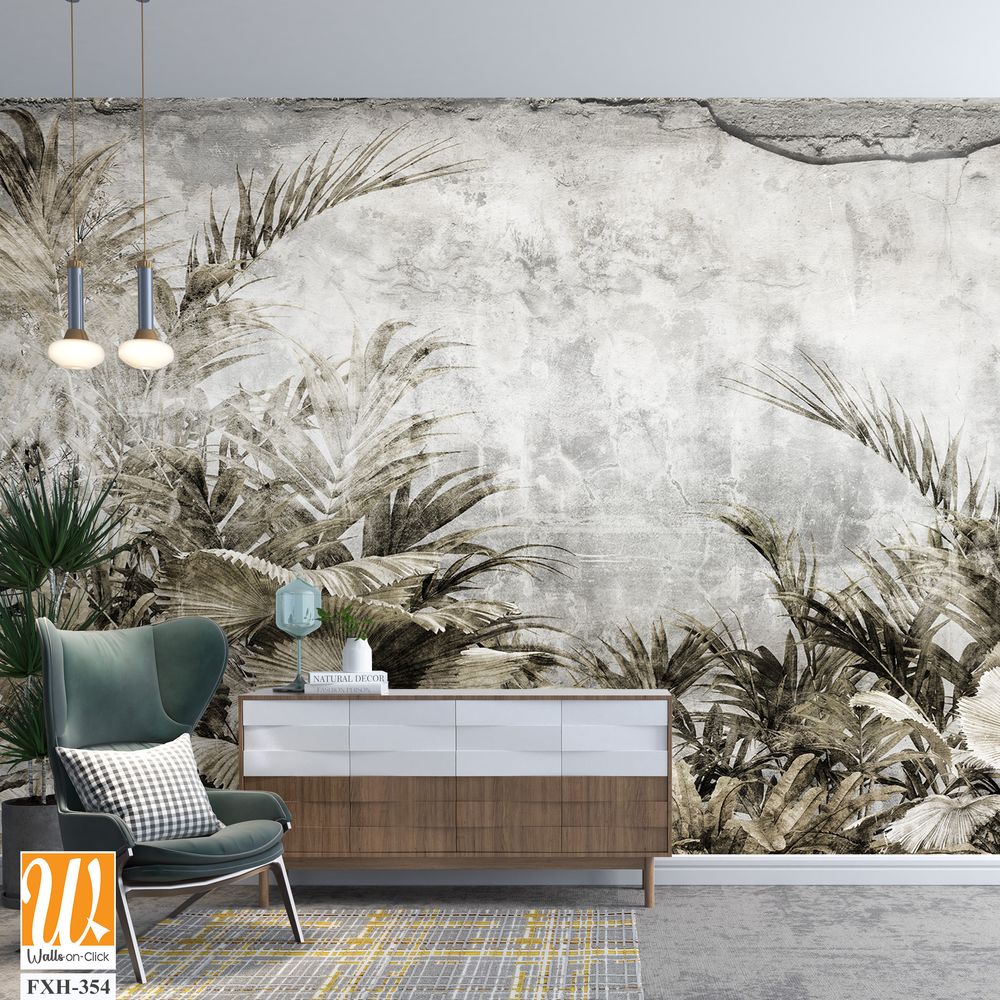 Tropical trees and leaves wallpaper design in foggy forest - 3D illustration [WP-FXH-354]