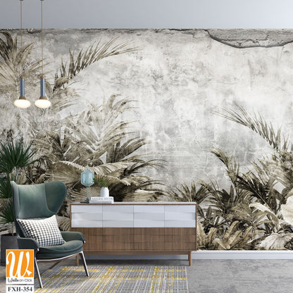 Tropical trees and leaves wallpaper design in foggy forest - 3D illustration [WP-FXH-354]