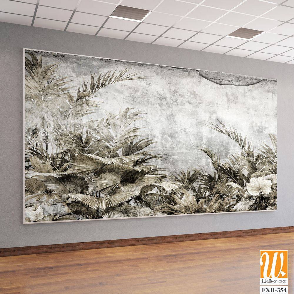 Tropical trees and leaves wallpaper design in foggy forest - 3D illustration [WP-FXH-354]