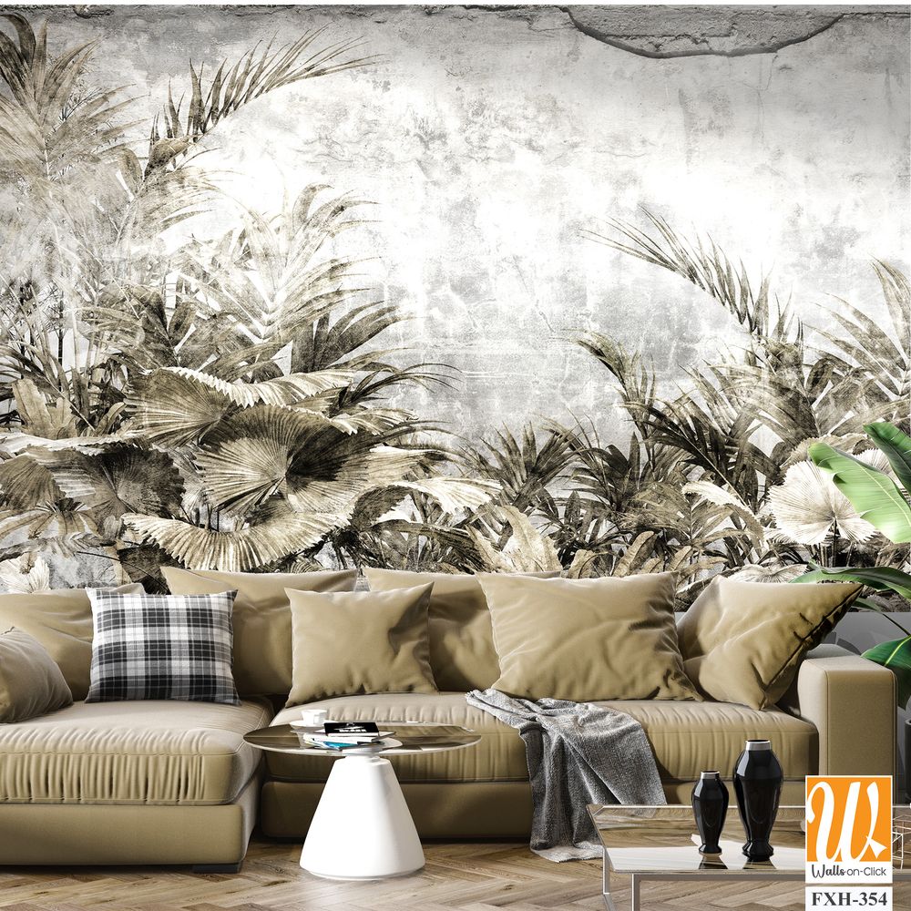 Tropical trees and leaves wallpaper design in foggy forest - 3D illustration [WP-FXH-354]
