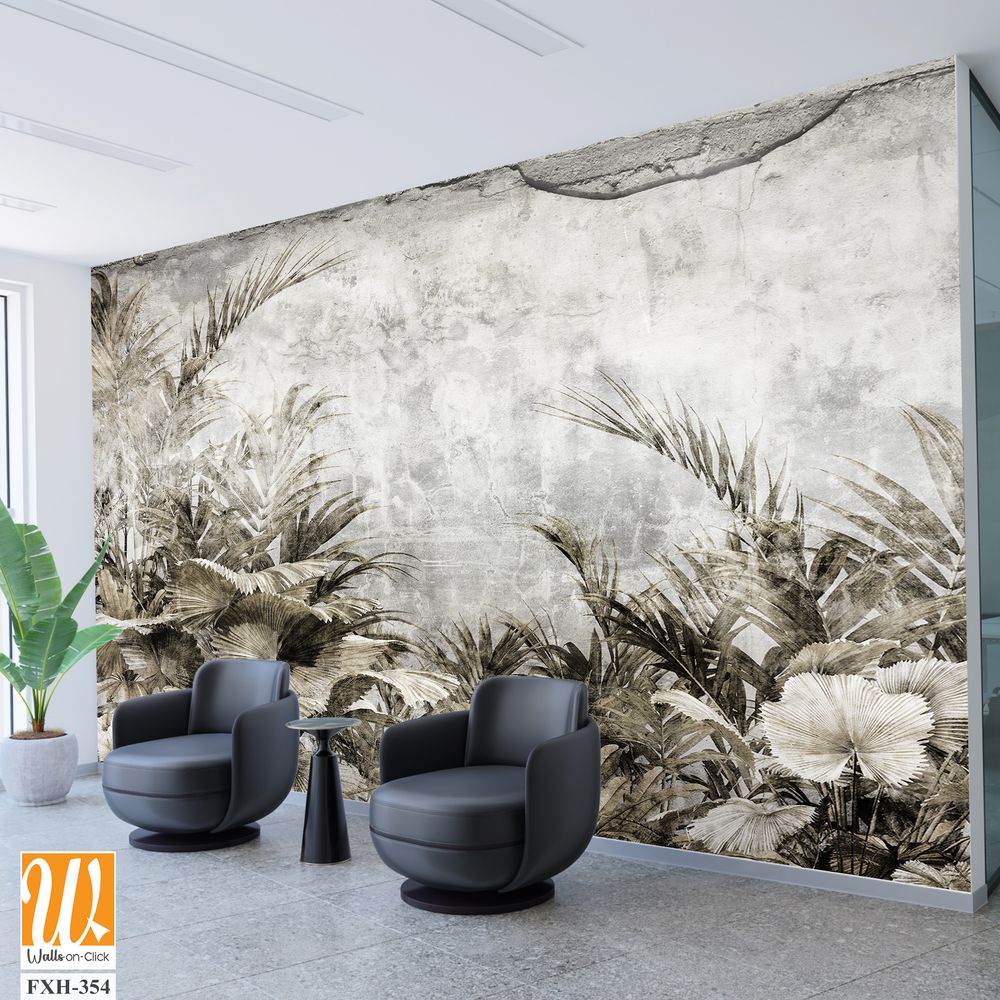 Tropical trees and leaves wallpaper design in foggy forest - 3D illustration [WP-FXH-354]