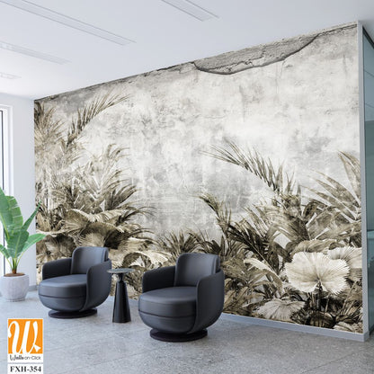 Tropical trees and leaves wallpaper design in foggy forest - 3D illustration [WP-FXH-354]