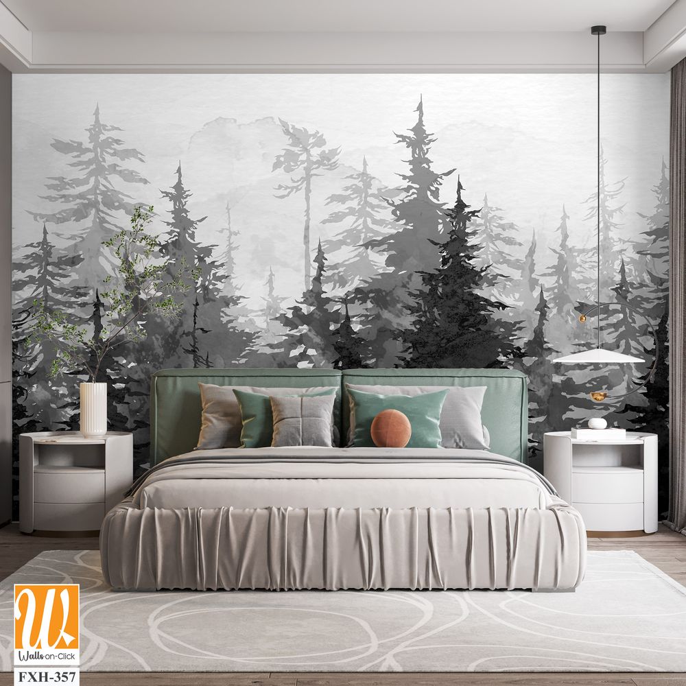 Black and white drawing on a textured background depicts spruce trees with watercolor stains photo wallpaper [WP-FXH-357]