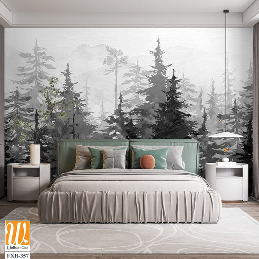 Black and white drawing on a textured background depicts spruce trees with watercolor stains photo wallpaper [WP-FXH-357]