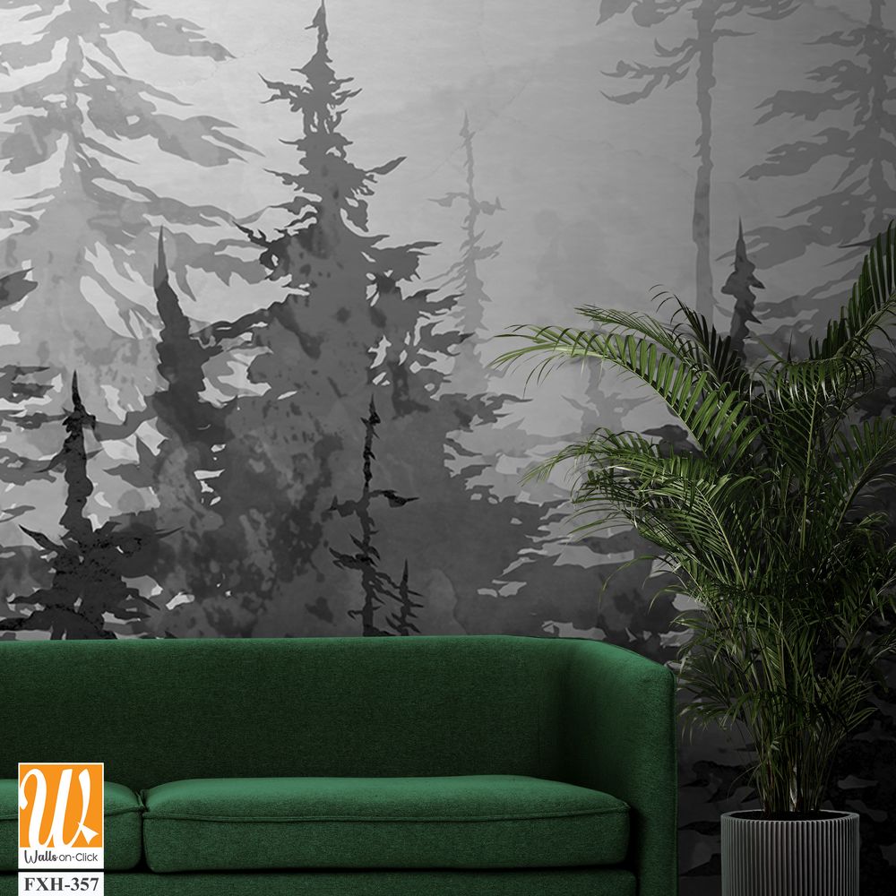 Black and white drawing on a textured background depicts spruce trees with watercolor stains photo wallpaper [WP-FXH-357]