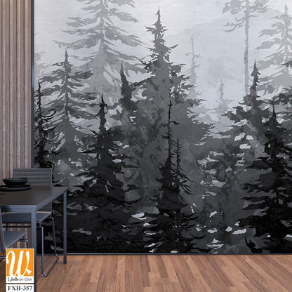 Black and white drawing on a textured background depicts spruce trees with watercolor stains photo wallpaper [WP-FXH-357]