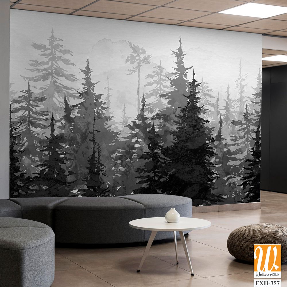 Black and white drawing on a textured background depicts spruce trees with watercolor stains photo wallpaper [WP-FXH-357]