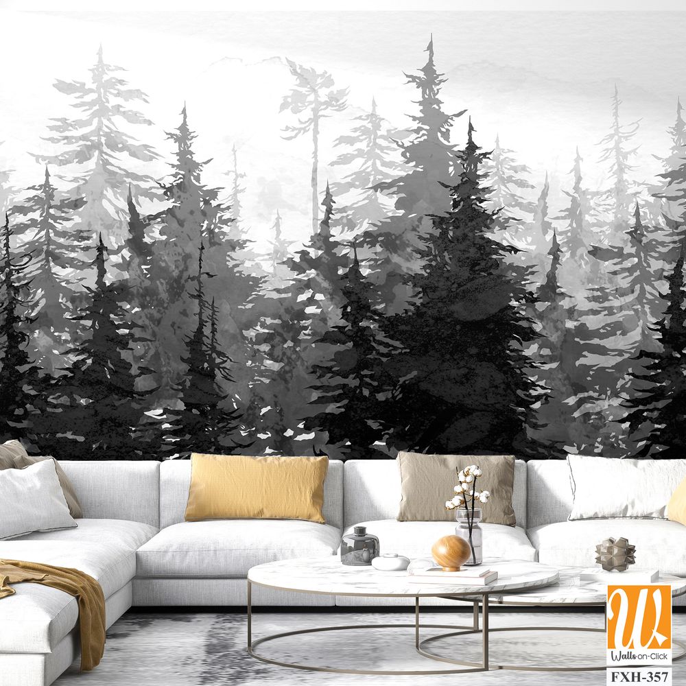 Black and white drawing on a textured background depicts spruce trees with watercolor stains photo wallpaper [WP-FXH-357]