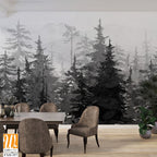 Black and white drawing on a textured background depicts spruce trees with watercolor stains photo wallpaper [WP-FXH-357]