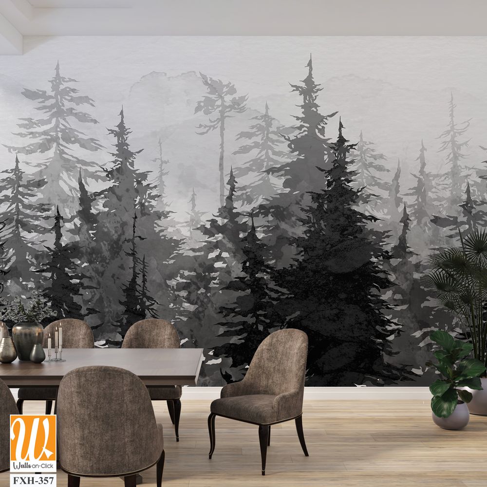 Black and white drawing on a textured background depicts spruce trees with watercolor stains photo wallpaper [WP-FXH-357]