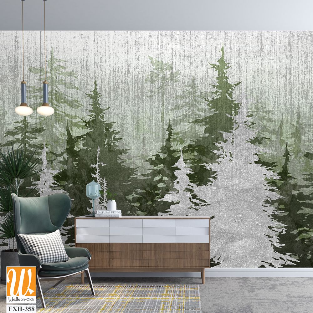 Trees art drawing in different colors on a textural background scuffs photo wallpaper in the interior [WP-FXH-358]