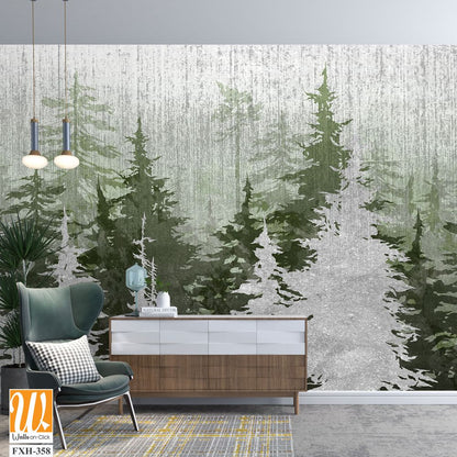 Trees art drawing in different colors on a textural background scuffs photo wallpaper in the interior [WP-FXH-358]