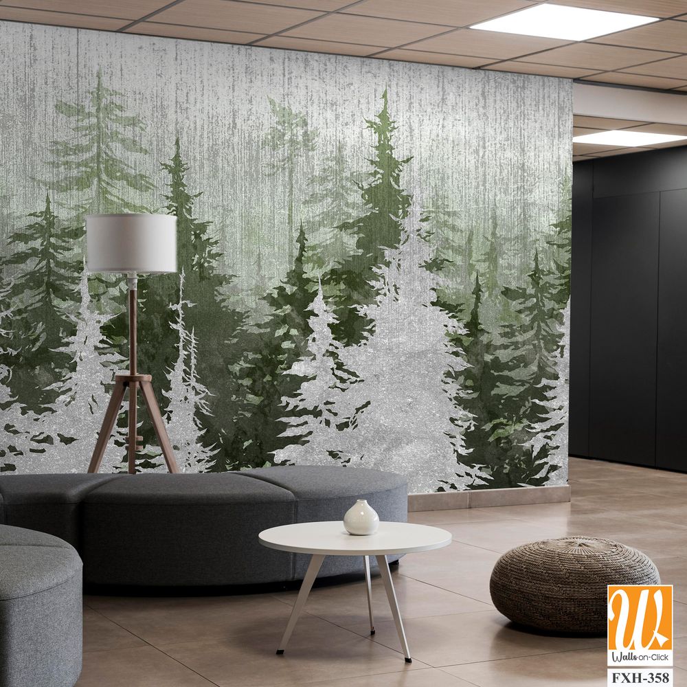Trees art drawing in different colors on a textural background scuffs photo wallpaper in the interior [WP-FXH-358]