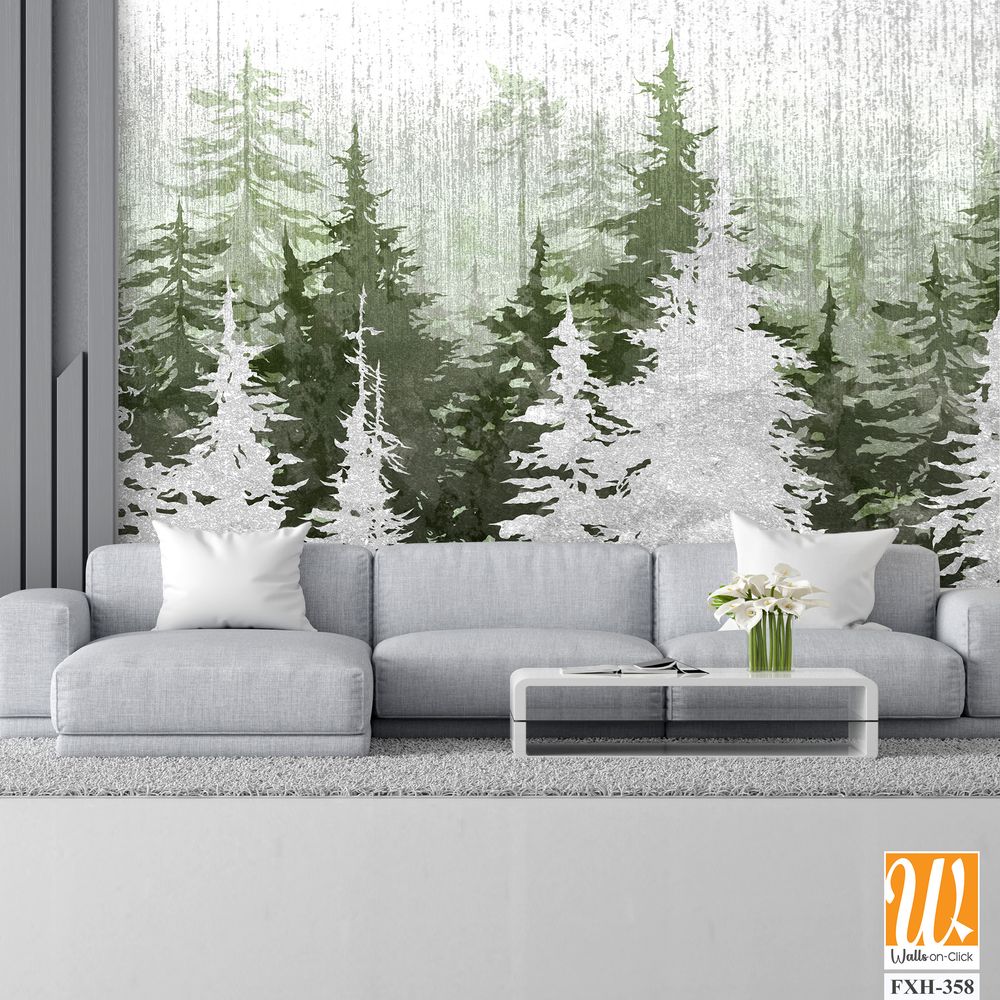 Trees art drawing in different colors on a textural background scuffs photo wallpaper in the interior [WP-FXH-358]