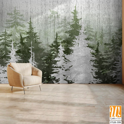 Trees art drawing in different colors on a textural background scuffs photo wallpaper in the interior [WP-FXH-358]