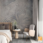 Drawn exotic tropical leaves on concrete grunge wall. Floral background. Design for wallpaper, photo wallpaper, mural, card, postcard. [WP-FXH-366]