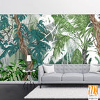 Art drawing of topical plants tree leaves lianas in pastel style photo wallpaper in the interior [WP-FXH-374]