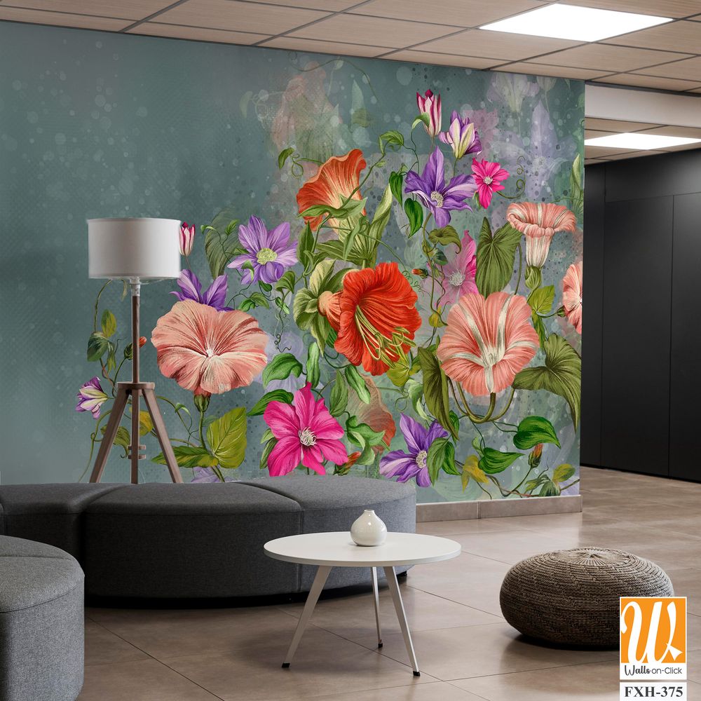 Art painted flowers on a textured background with yellow blots photo wallpaper [WP-FXH-375]