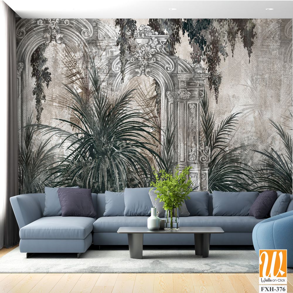 Columns in the tropics on a textured background in a watercolor style photo wallpaper in the interior [WP-FXH-376]