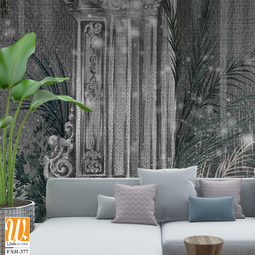 Architectural columns in the tropics on a textural background of dark color with shine photo wallpaper in the interior [WP-FXH-377]
