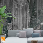 Architectural columns in the tropics on a textural background of dark color with shine photo wallpaper in the interior [WP-FXH-377]