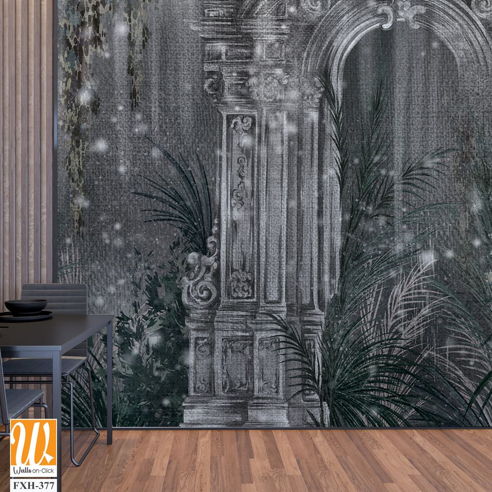 Architectural columns in the tropics on a textural background of dark color with shine photo wallpaper in the interior [WP-FXH-377]