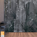 Architectural columns in the tropics on a textural background of dark color with shine photo wallpaper in the interior [WP-FXH-377]