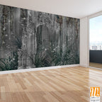 Architectural columns in the tropics on a textural background of dark color with shine photo wallpaper in the interior [WP-FXH-377]