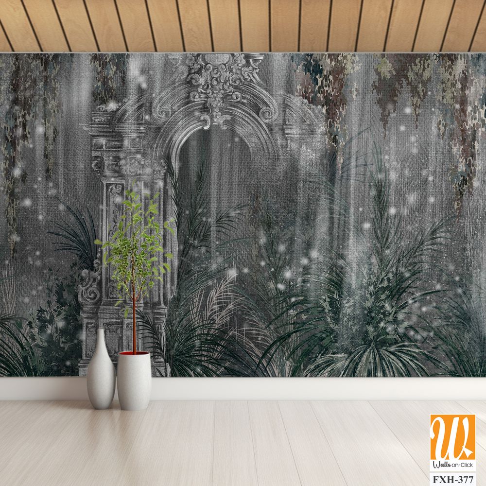 Architectural columns in the tropics on a textural background of dark color with shine photo wallpaper in the interior [WP-FXH-377]