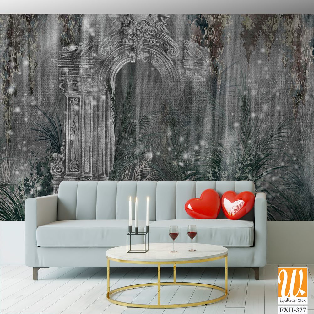 Architectural columns in the tropics on a textural background of dark color with shine photo wallpaper in the interior [WP-FXH-377]