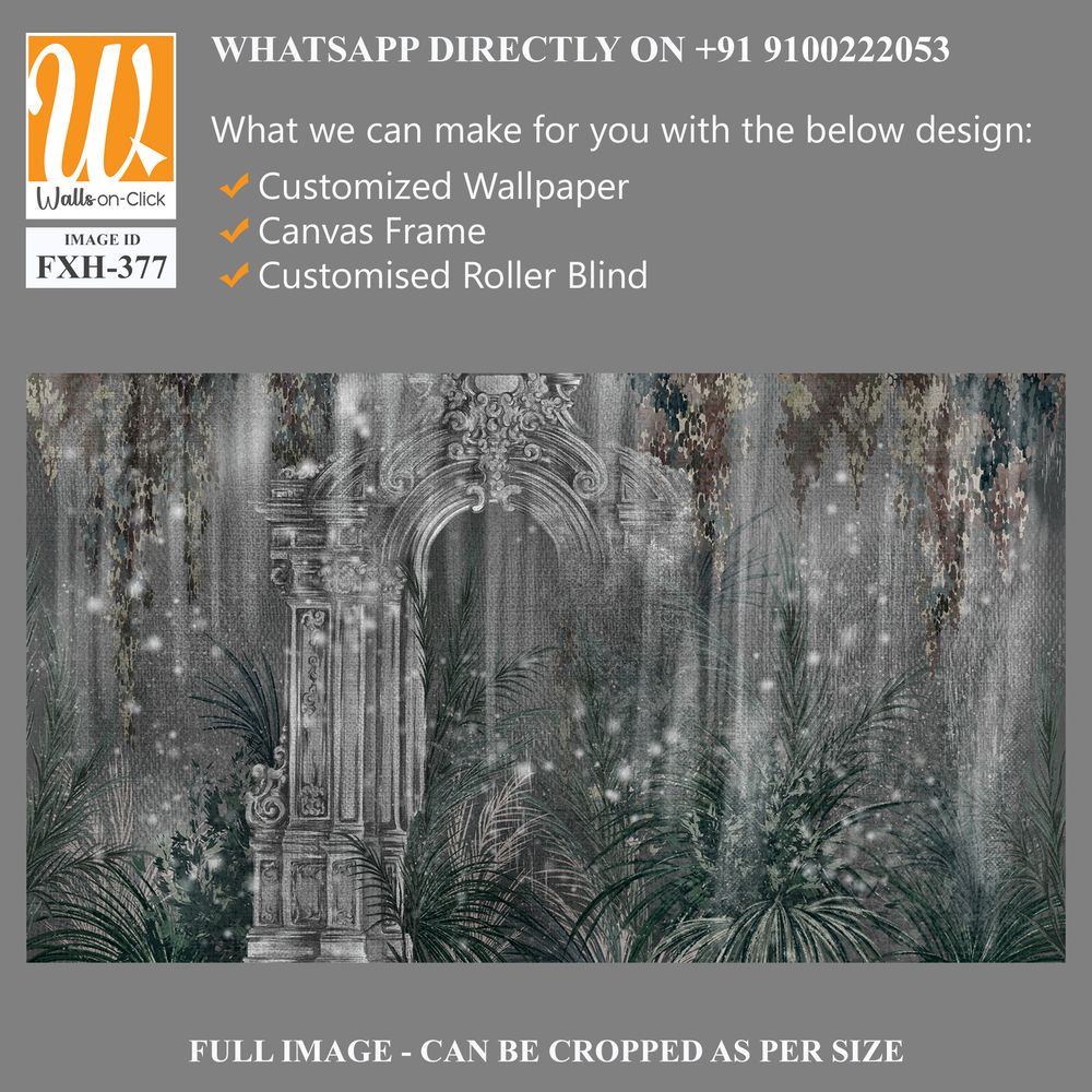 Architectural columns in the tropics on a textural background of dark color with shine photo wallpaper in the interior [WP-FXH-377]