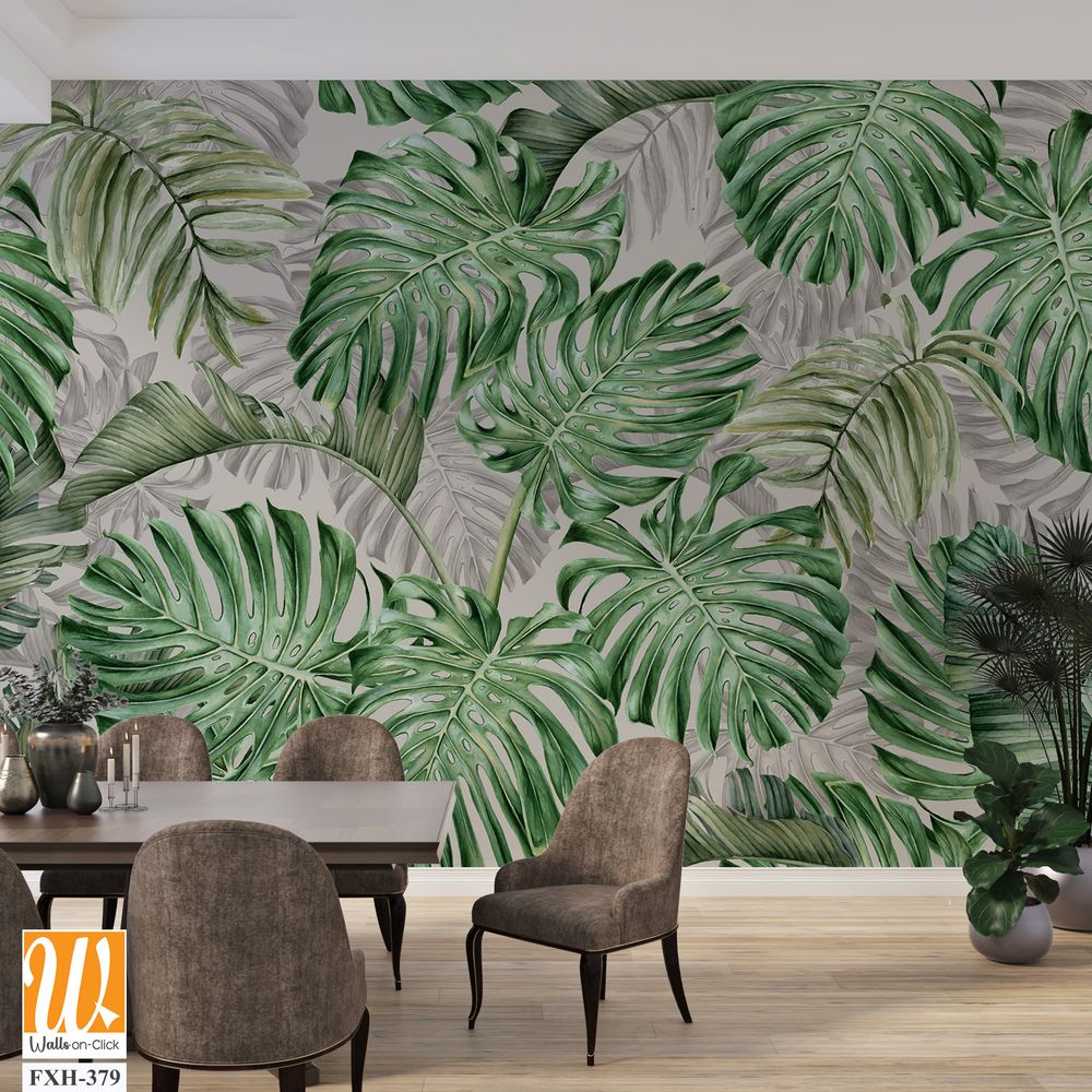 Tropical wallpaper design, plants background, natural mural art. [WP-FXH-379]