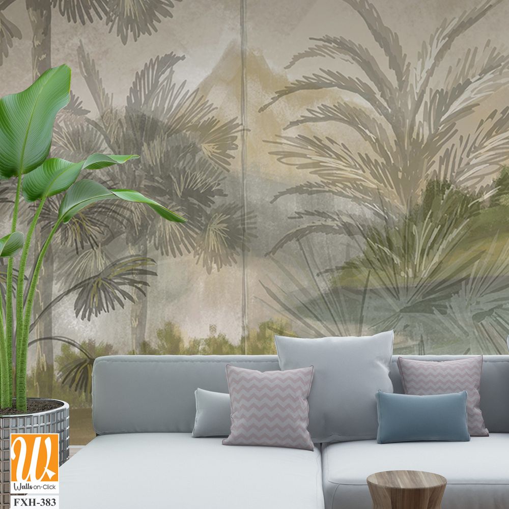 Landscape wallpaper design, oil painting, mountain and palm trees, mural art. [WP-FXH-383]