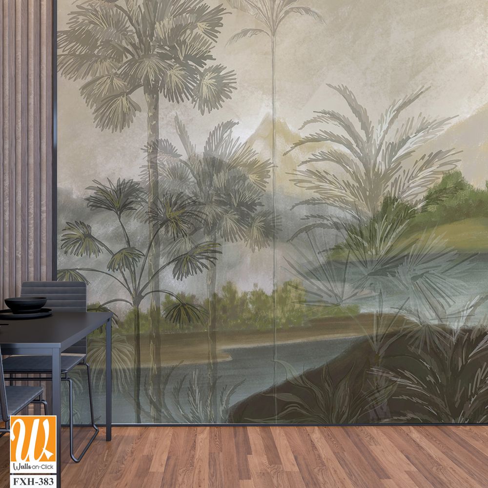 Landscape wallpaper design, oil painting, mountain and palm trees, mural art. [WP-FXH-383]