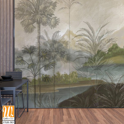 Landscape wallpaper design, oil painting, mountain and palm trees, mural art. [WP-FXH-383]