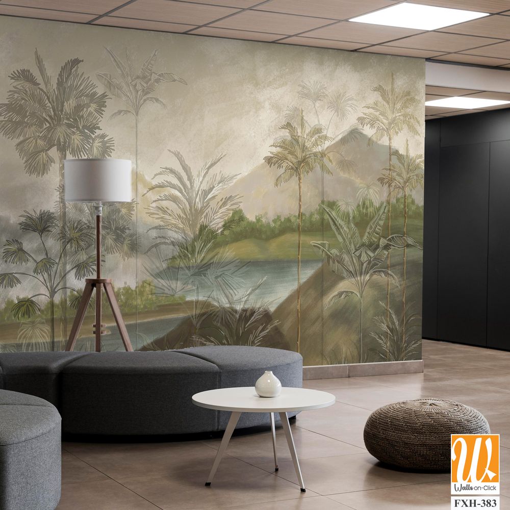 Landscape wallpaper design, oil painting, mountain and palm trees, mural art. [WP-FXH-383]