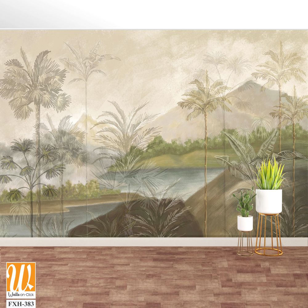 Landscape wallpaper design, oil painting, mountain and palm trees, mural art. [WP-FXH-383]