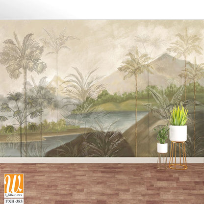 Landscape wallpaper design, oil painting, mountain and palm trees, mural art. [WP-FXH-383]