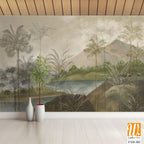 Landscape wallpaper design, oil painting, mountain and palm trees, mural art. [WP-FXH-383]