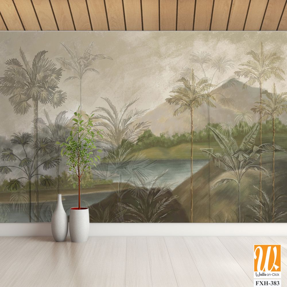 Landscape wallpaper design, oil painting, mountain and palm trees, mural art. [WP-FXH-383]