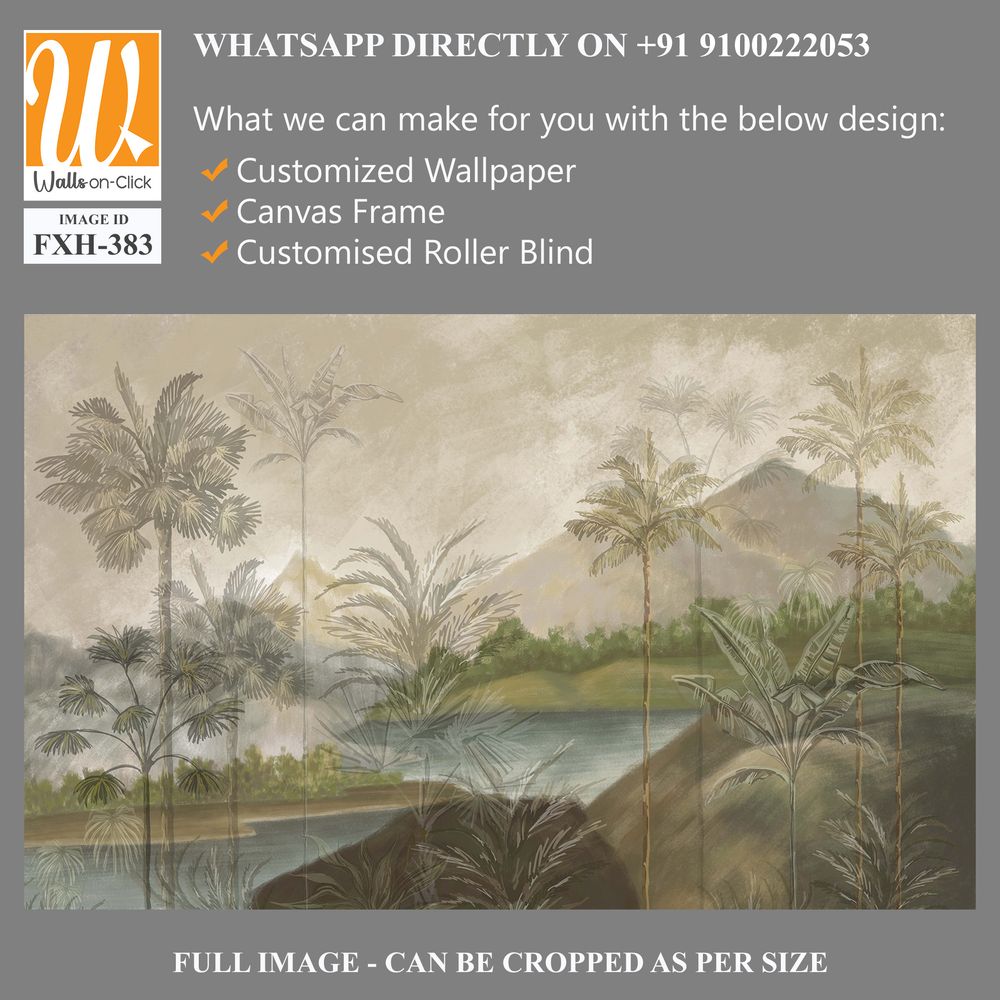 Landscape wallpaper design, oil painting, mountain and palm trees, mural art. [WP-FXH-383]