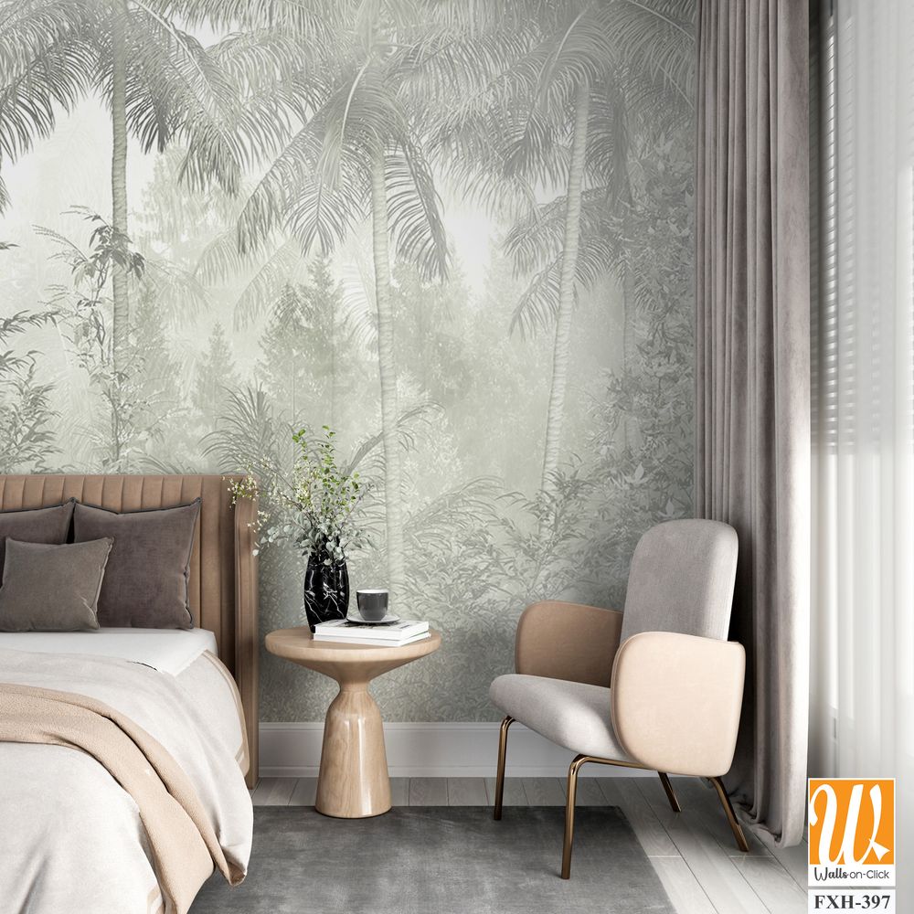 Tropical trees and leaves in foggy forest wallpaper design - 3D illustration [WP-FXH-397]