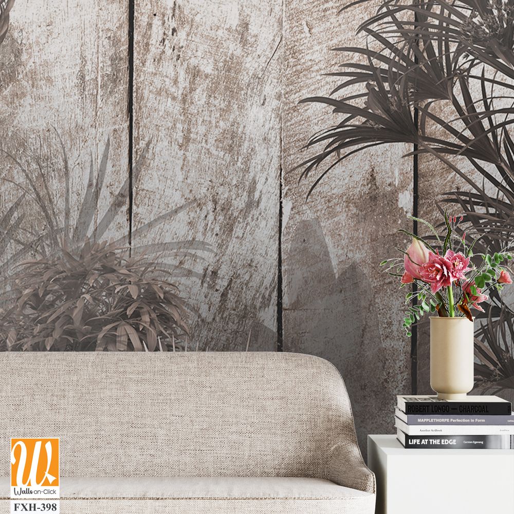 Tropical trees and leaves in foggy forest wallpaper design - 3D illustration [WP-FXH-398]