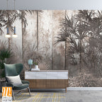 Tropical trees and leaves in foggy forest wallpaper design - 3D illustration [WP-FXH-398]