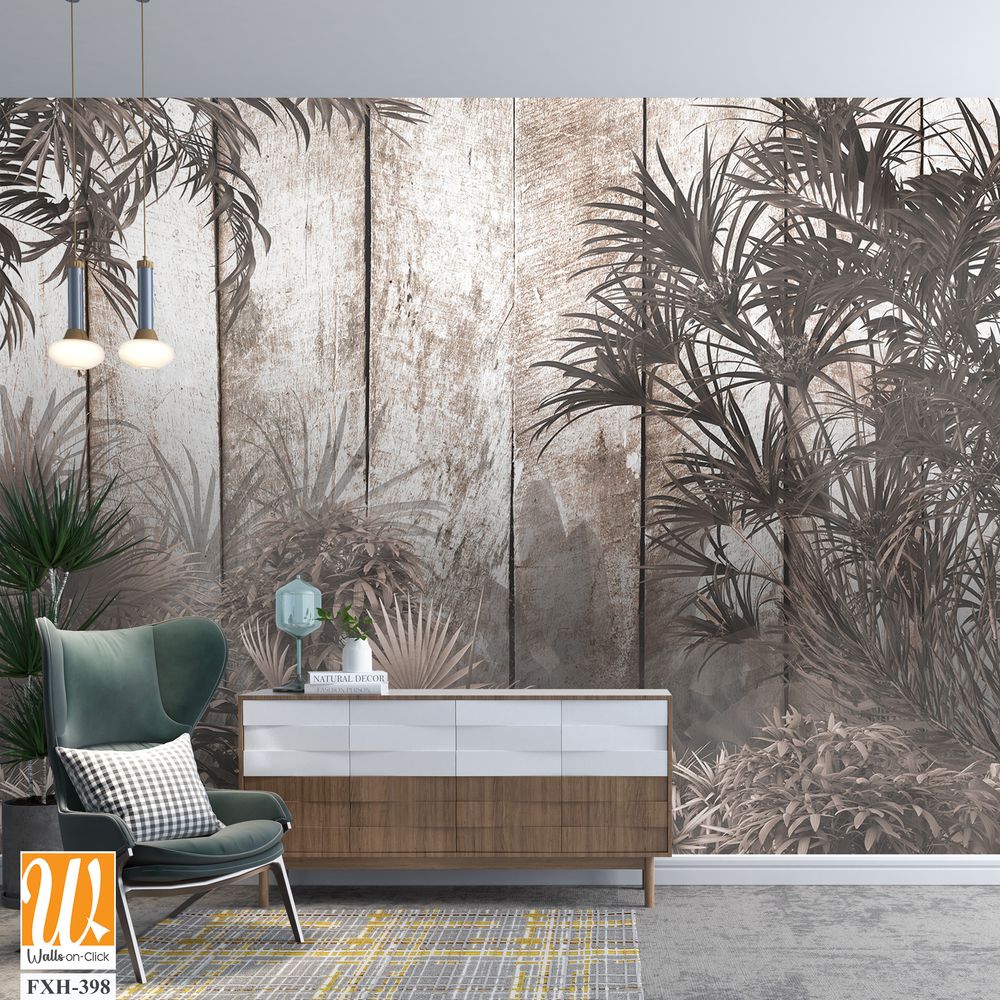 Tropical trees and leaves in foggy forest wallpaper design - 3D illustration [WP-FXH-398]