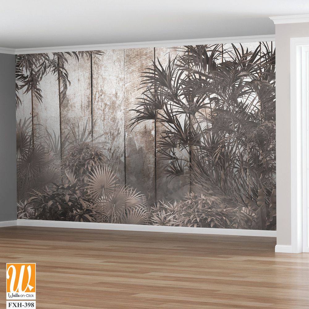 Tropical trees and leaves in foggy forest wallpaper design - 3D illustration [WP-FXH-398]