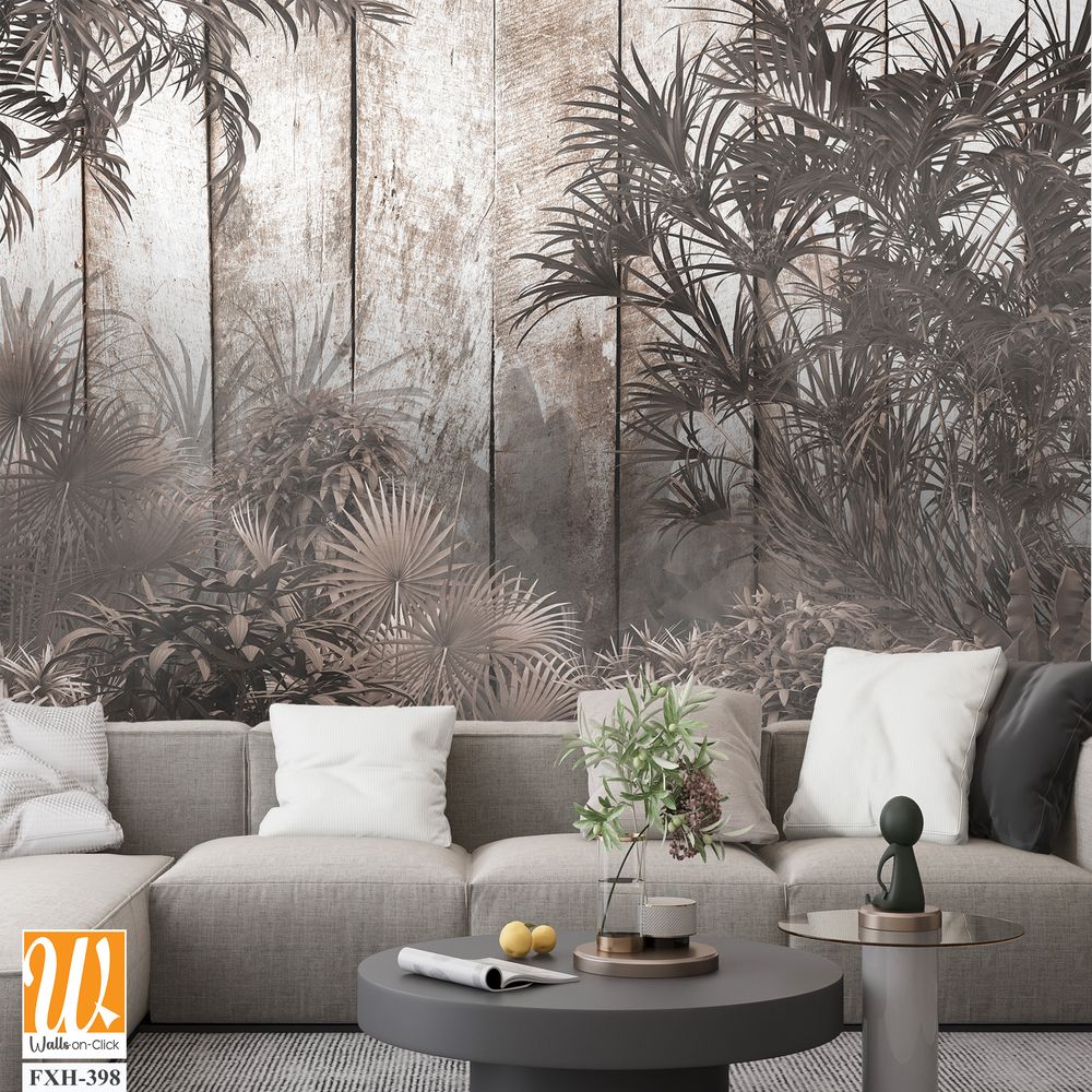 Tropical trees and leaves in foggy forest wallpaper design - 3D illustration [WP-FXH-398]
