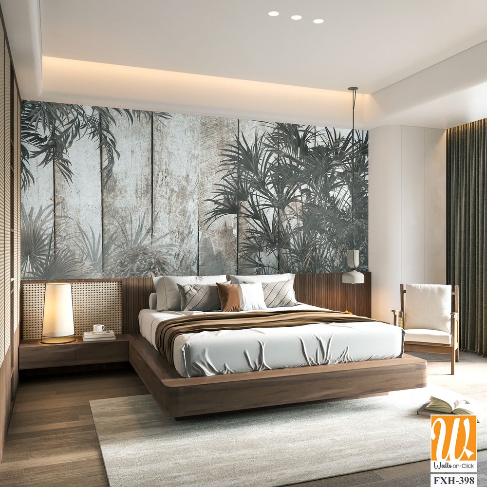 Tropical trees and leaves in foggy forest wallpaper design - 3D illustration [WP-FXH-398]