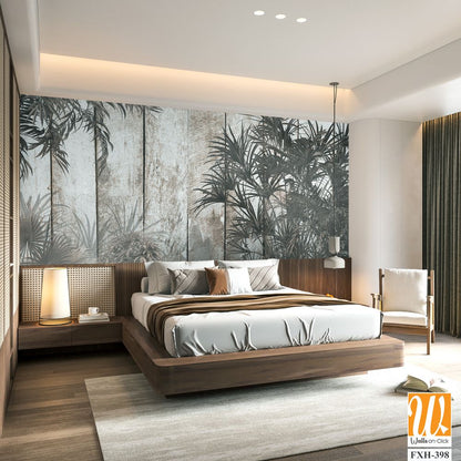 Tropical trees and leaves in foggy forest wallpaper design - 3D illustration [WP-FXH-398]