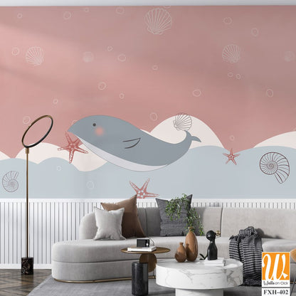 Cute Dolphin , Kids room wallpaper design [WP-FXH-402]